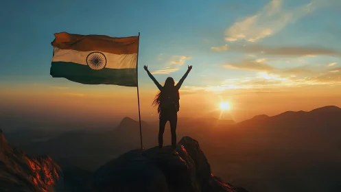 Silhouette on summit with Indian flag at radiant sunrise.