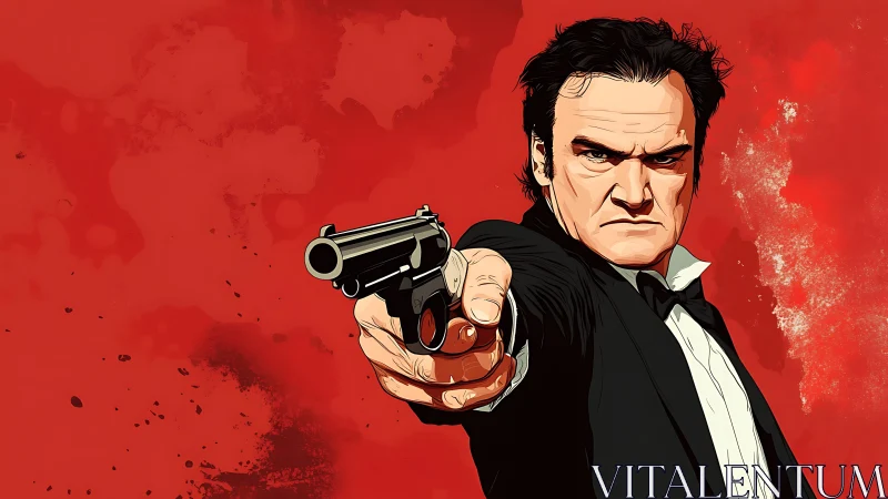 Gunman in tuxedo levels revolver against red backdrop.