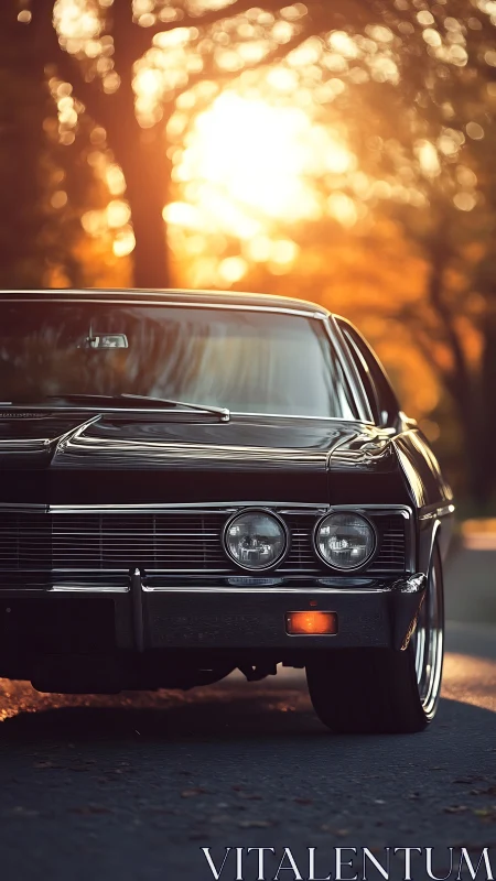 Low-angle portrait isolates classic muscle car at golden hour