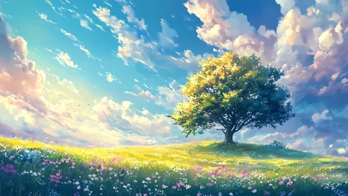 Solitary tree on flowered hillside under dynamic sky.