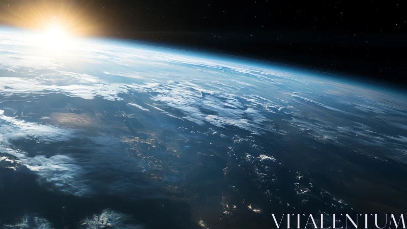 Low Earth orbit sunrise above oceanic cloud bands and limb