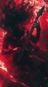 Infernal metal guitarist engulfed in swirling crimson flames.