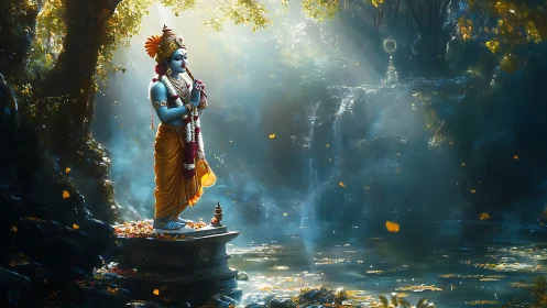 Digital painting of serene deity by misty forest pool.