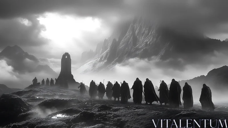Robed figures traverse misty terrain toward distant tower