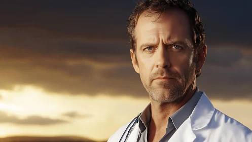 Male medical professional outdoors at sunset in portrait.