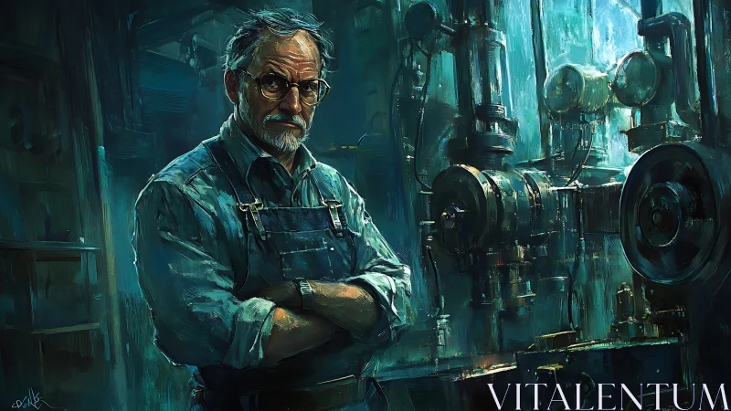 Veteran machinist in teal-lit industrial workshop portrait.