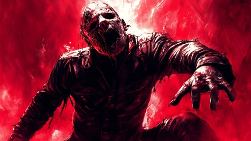 Decomposed humanoid figure reaching forward in red field.