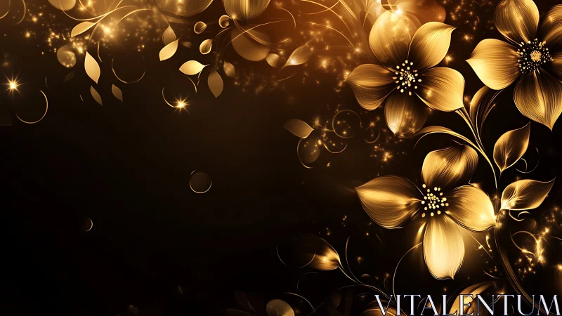 Golden floral composition with luminous sparkles on dark background.