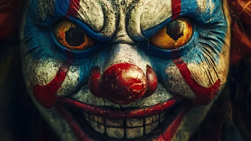 Sinister clown mask in extreme close-up horror portrait.