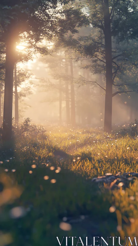 Golden Hour Woodland Landscape with Atmospheric Light Diffusion Through Deciduous Canopy
