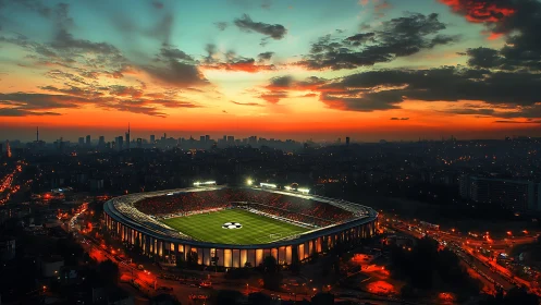 Floodlit football stadium dominates dusk skyline with vivid bokeh lighting