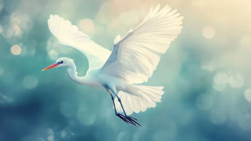Elegant white egret in flight against dreamy pastel bokeh background.