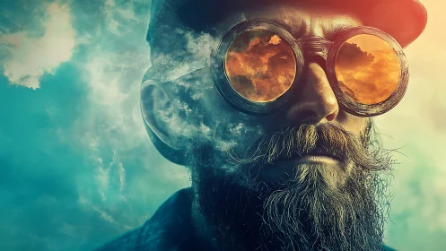 Bearded man in steampunk goggles with double-exposed sky reflections