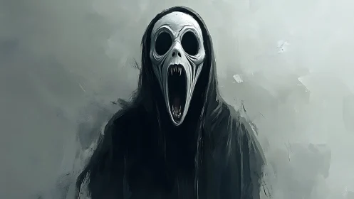 Hooded skull-like figure is centered against a muted background