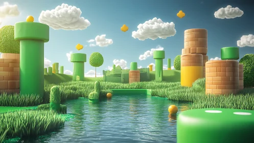 3D stylized game landscape with cylindrical terrain forms.