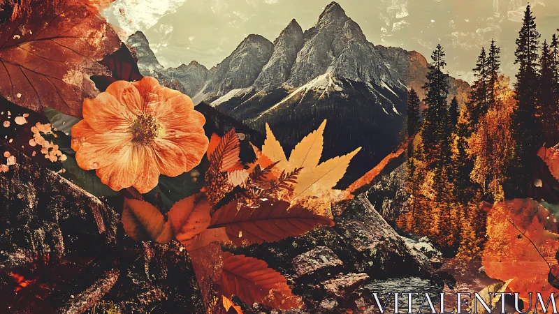 Mountain landscape is overlaid with layered autumn foliage forms