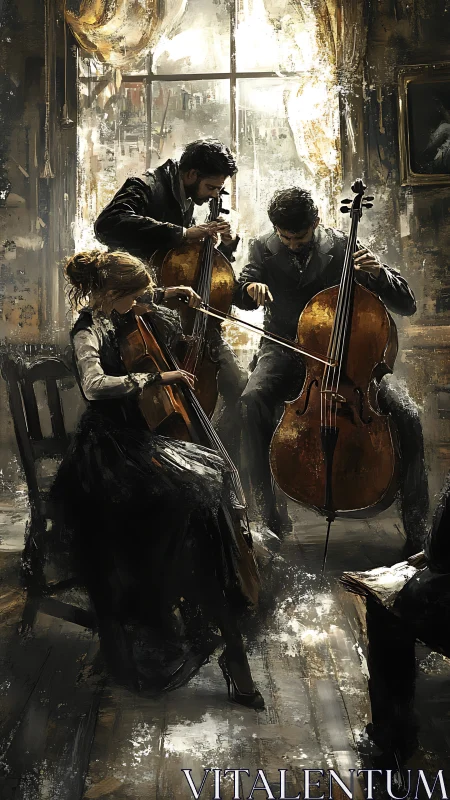 Expressive chamber trio with cellos in dim atelier light