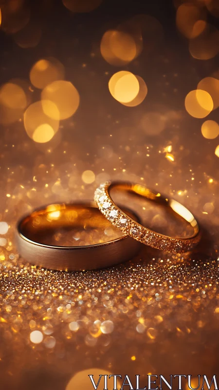 Golden wedding rings sparkling with warm romantic light.
