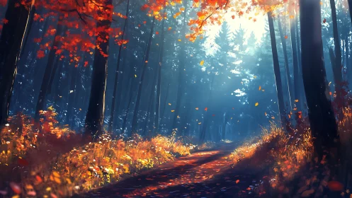 Autumn Forest Path with Glowing Foliage and Sunlight.
