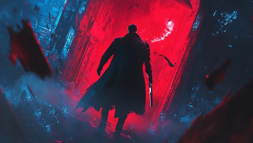 Crimson portal draws a lone wanderer into neon drenched night