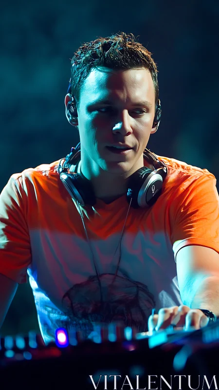 DJ in neon stage lighting focuses on live mixing performance.