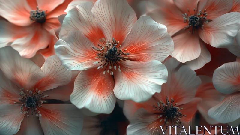 Coral and white petals with radiating red centers and dark stamens