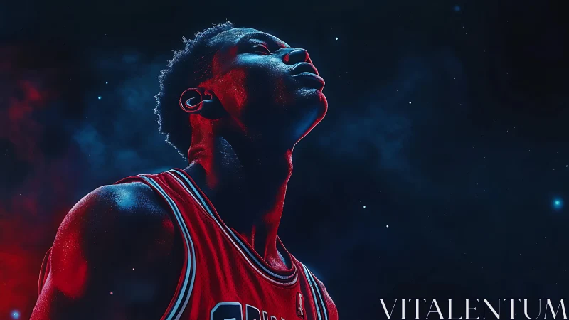 Neon-lit basketball portrait emphasizes rim lighting and cosmic depth