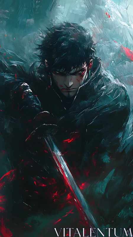 Brooding swordsman amid crimson stormlit brushstrokes.