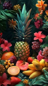 Pineapple centered among assorted tropical fruits and flora.