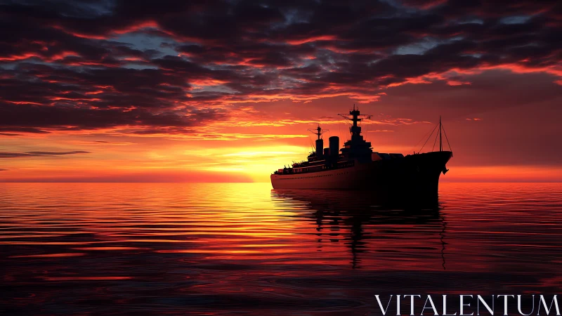 Silhouetted naval vessel on calm sea at red sunset horizon.