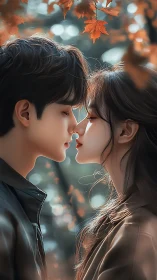 Autumn Whispers: A Tender Moment Beneath Golden Leaves.