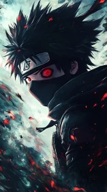 Masked anime warrior with glowing red eye in dynamic pose