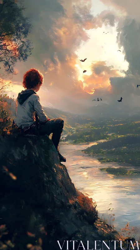 Quiet cliffside dreaming under a wild painted sunset sky.