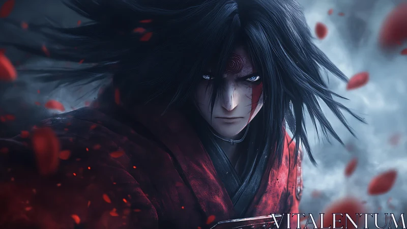 Warrior with red markings stands amid drifting petals