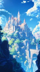 Sunlit cliffside fantasy castle rises above waterfall gorge