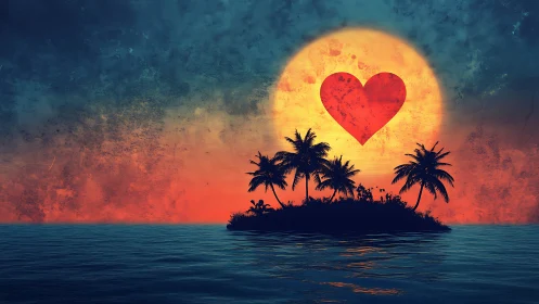 Island Dreams: A Heart-Shaped Moon Over Tropical Paradise