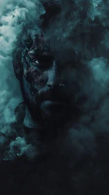 Male face partially obscured by dense blue atmospheric smoke.