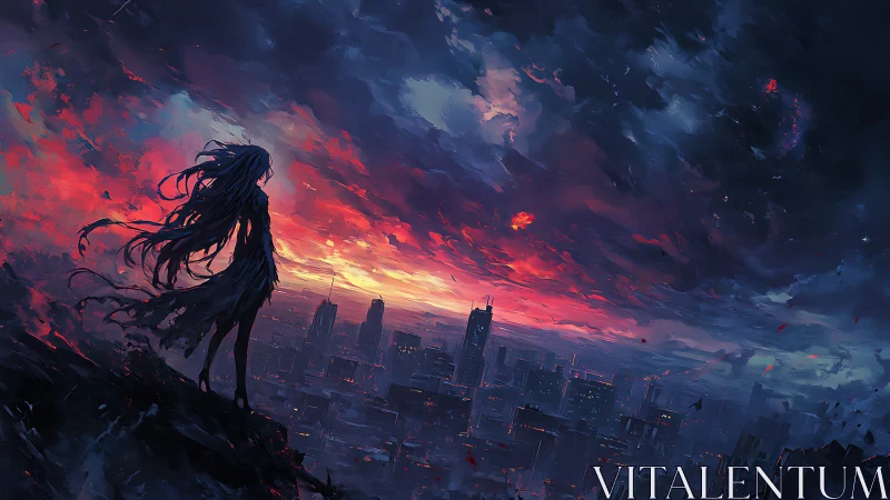 Silhouette observes distant city skyline beneath storm clouds