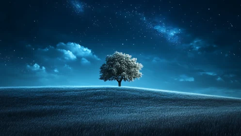 Gentle lone tree rests under a dreamy, starlit night sky