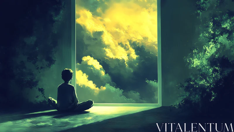 Silent child at luminous sky portal in dreamlike solitude.