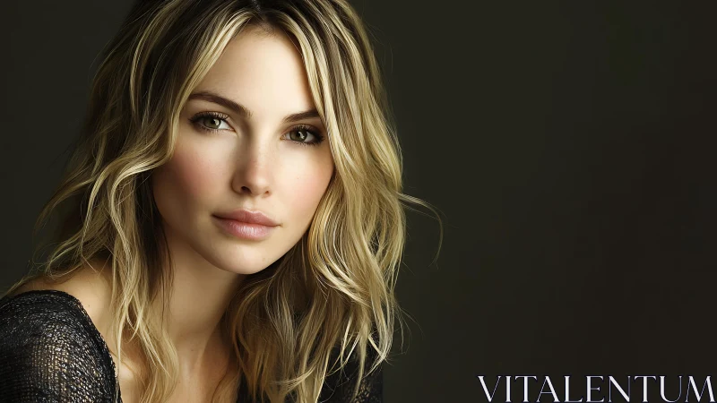 Studio headshot of woman with wavy blonde hair on dark.