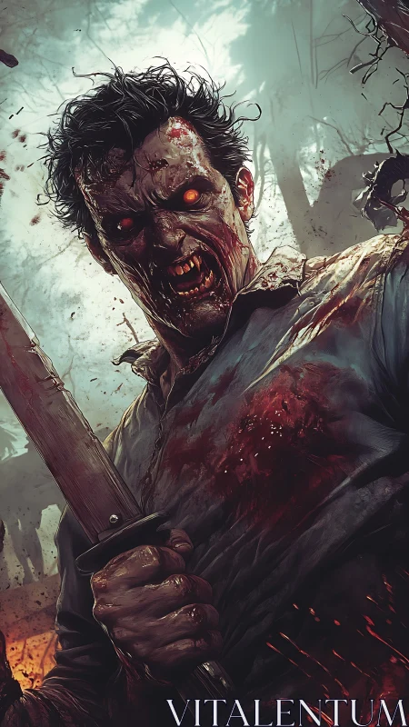 Bloodlit revenant warrior stalks the haunted forest edge.