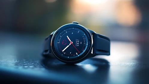 Smartwatch on reflective surface shows minimalist AMOLED dial design