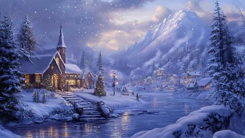 Snowy village chapel glows warmly beneath winter mountains