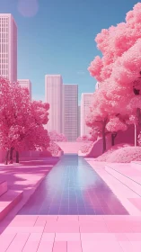 Pink utopian cityscape with reflective canal and towers.