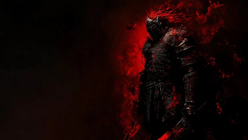 Armored infernal knight emerges from abstract crimson void