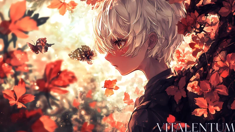 Autumn-lit profile of white-haired youth amid burning leaves.