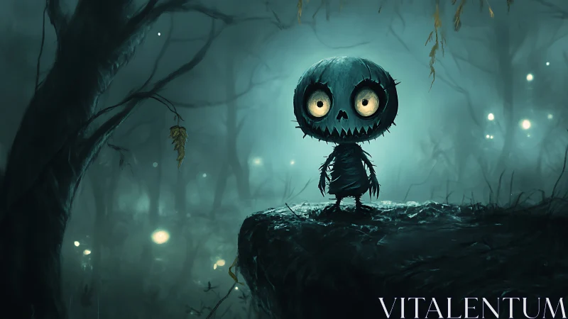 Wide-eyed forest creature confronts a haunted moonlit abyss.