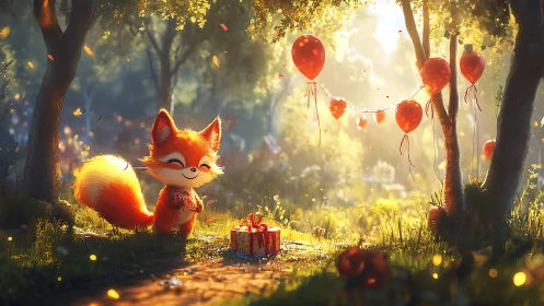 Smiling fox guards birthday gift in glowing forest light.