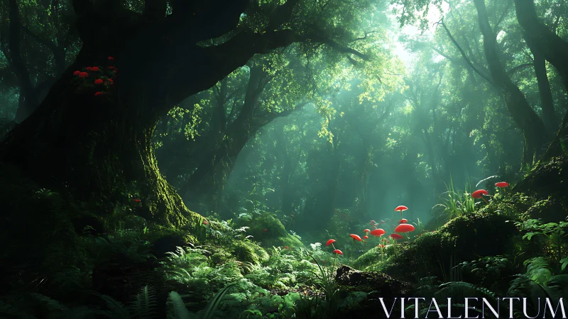 Enchanted Forest Canopy with Luminous Red Mushrooms